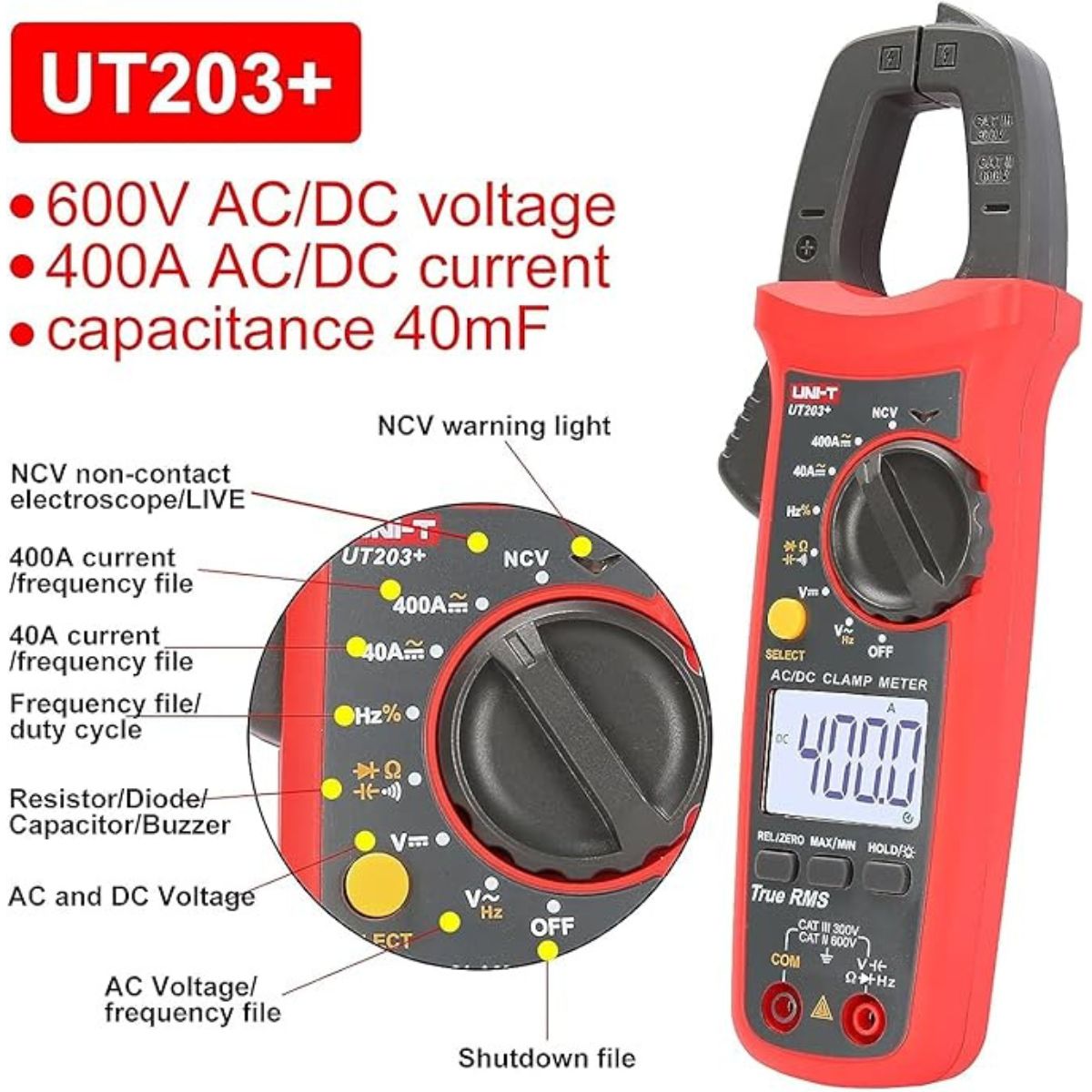 UNI-T UT203+ Digital Clamp Meter 600A AC Current Voltage Resistance Continuity Tester