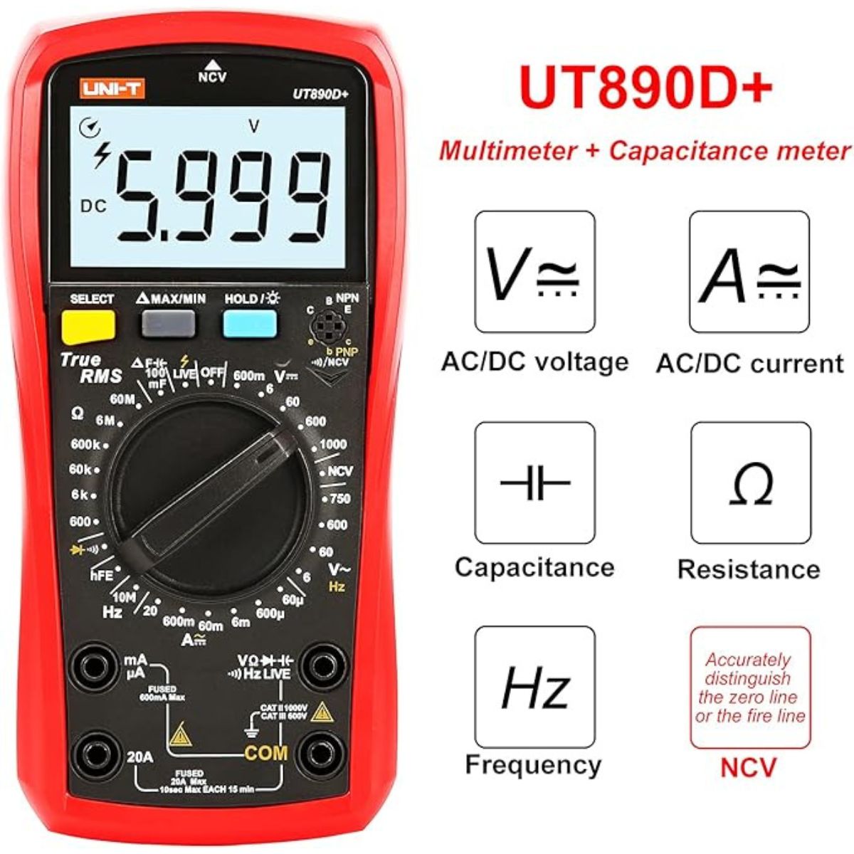 UNI-T UT890D+ Digital Multimeter AC/DC Voltage Current Resistance Continuity NCV Tester