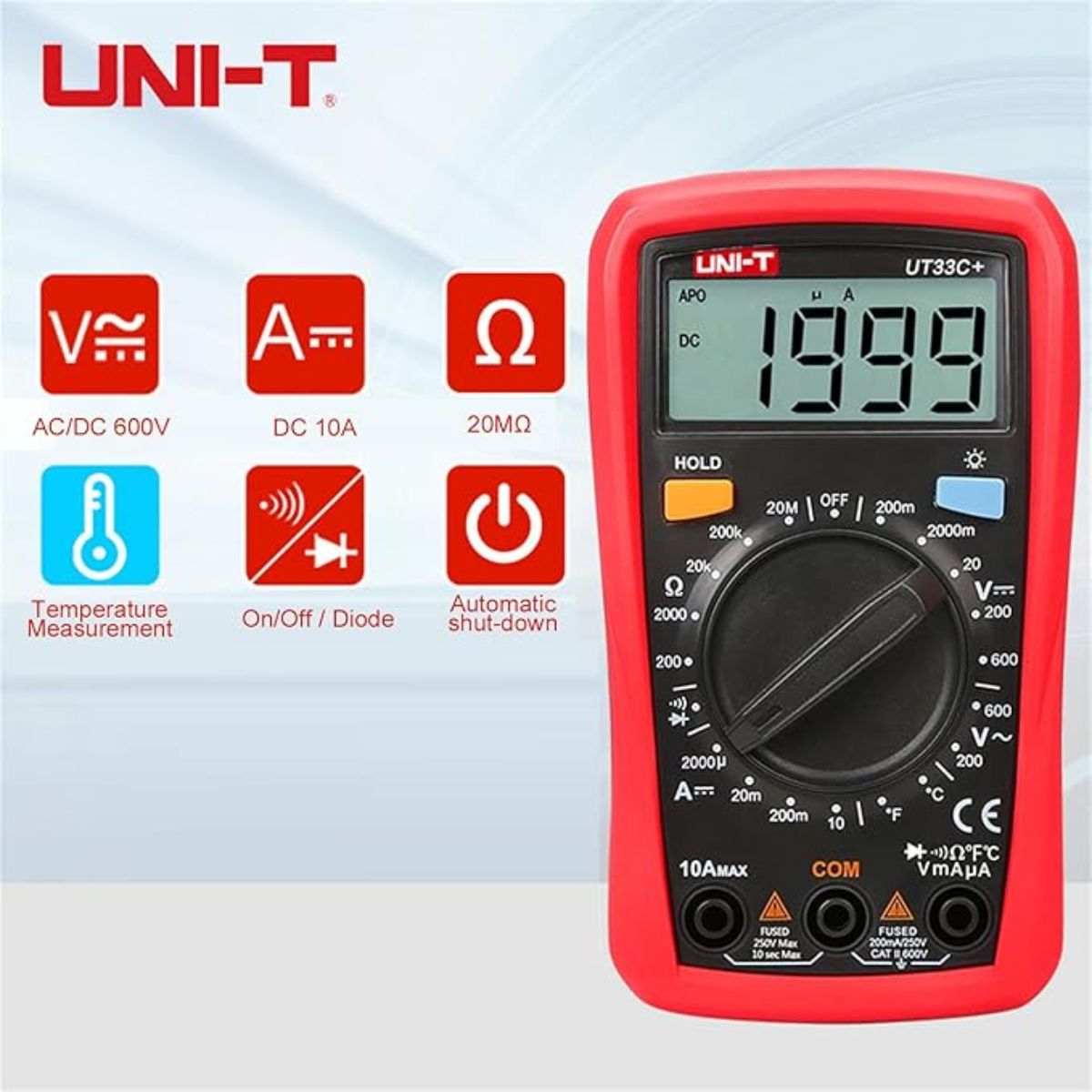 UNI-T UT33C+ Digital Multimeter AC/DC Voltage Resistance Continuity Tester with Temperature Probe