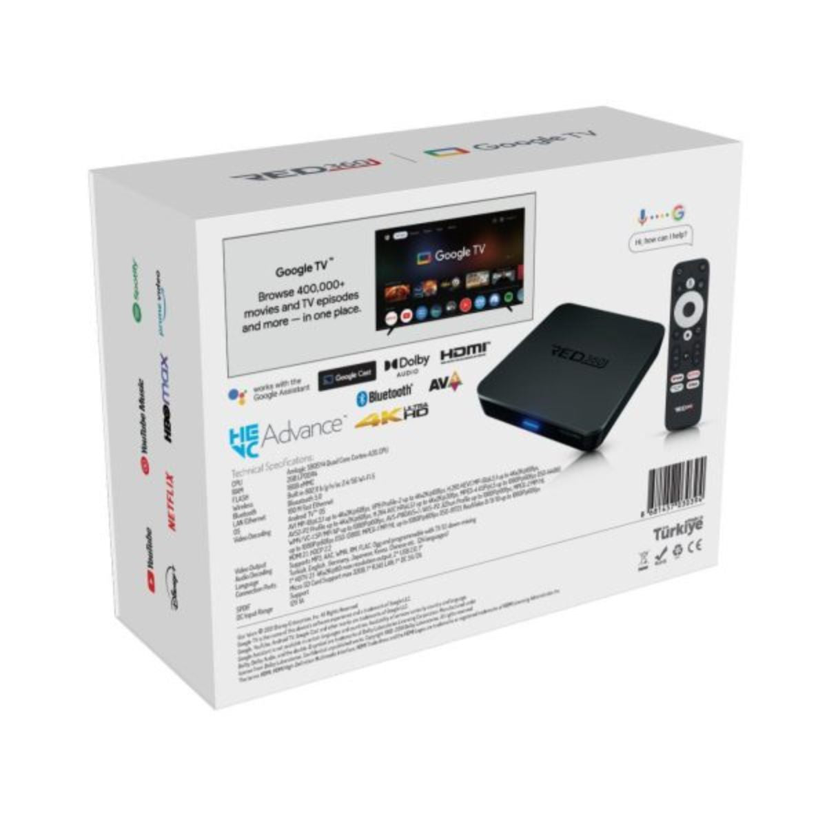 RED360 X100 Pro Google TV Box 4K Ultra HD Android Streaming Media Player 2GB/16GB